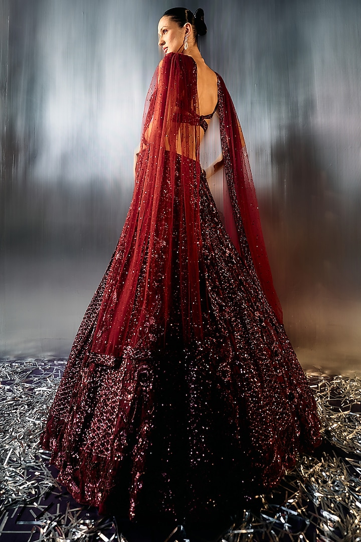 Deep Wine Net Sequins & Crystal Embroidered Bridal Lehenga Set by Angad Singh at Pernia's Pop Up Shop
