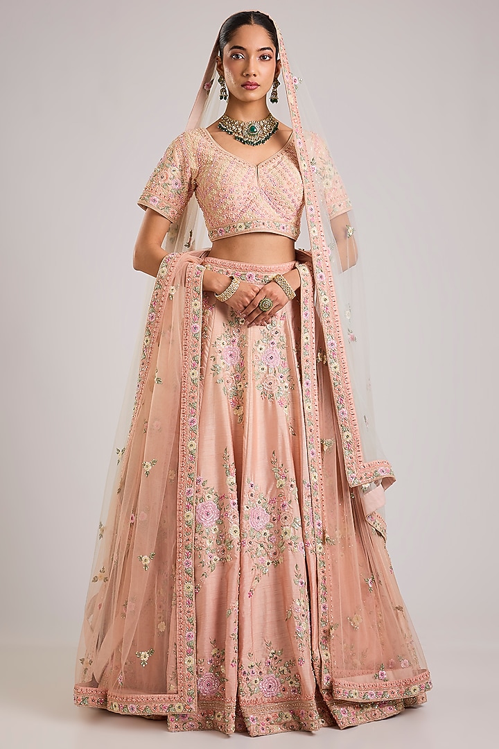 Peach Raw Silk Embroidered Wedding Lehenga Set by Angad Singh at Pernia's Pop Up Shop