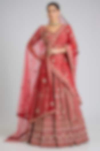 Red Raw Silk Embroidered Bridal Lehenga Set by Angad Singh at Pernia's Pop Up Shop