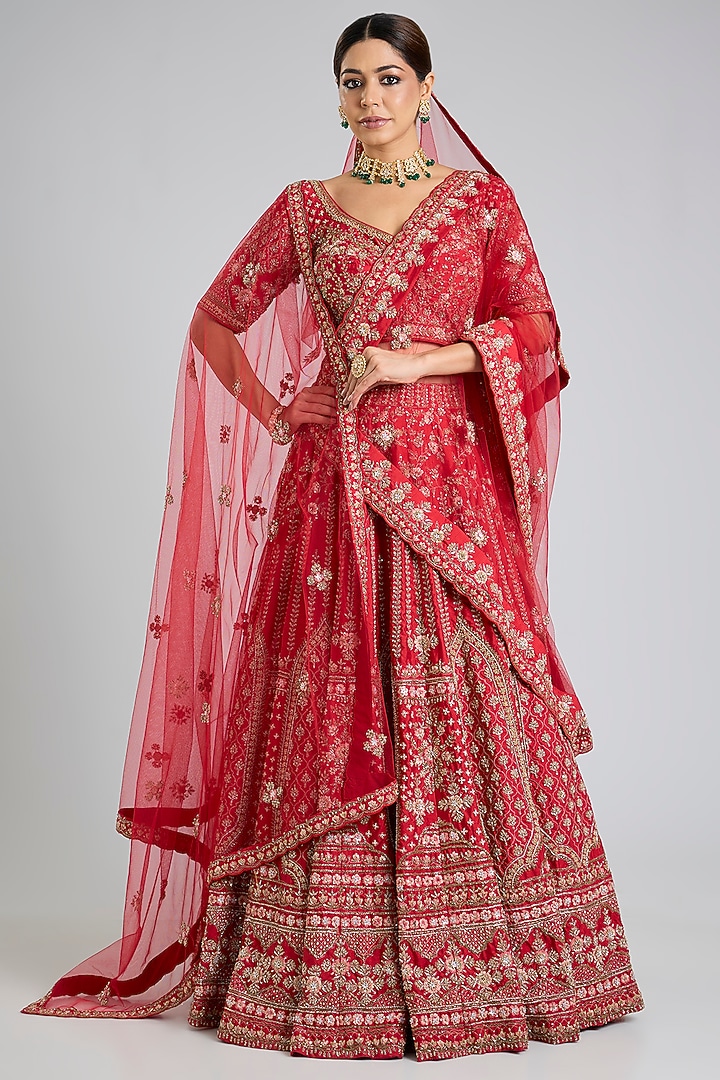 Red Raw Silk Embroidered Bridal Lehenga Set by Angad Singh at Pernia's Pop Up Shop
