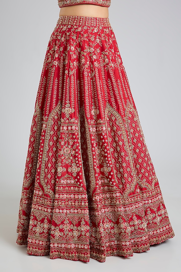 Red Raw Silk Embroidered Bridal Lehenga Set by Angad Singh at Pernia's Pop Up Shop