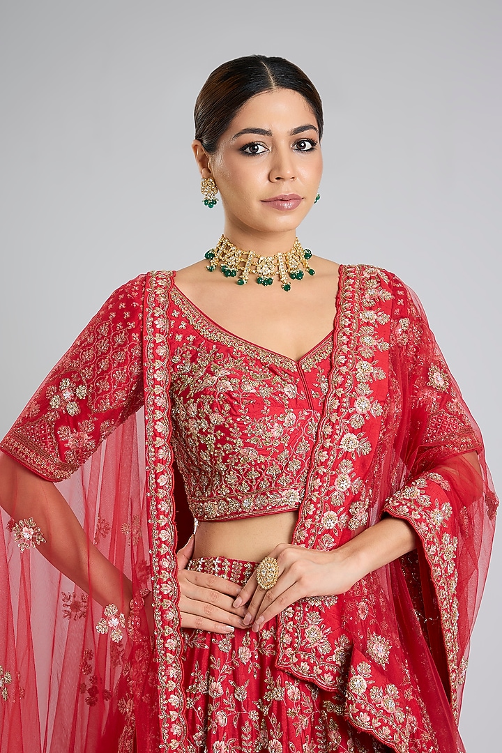 Red Raw Silk Embroidered Bridal Lehenga Set by Angad Singh at Pernia's Pop Up Shop