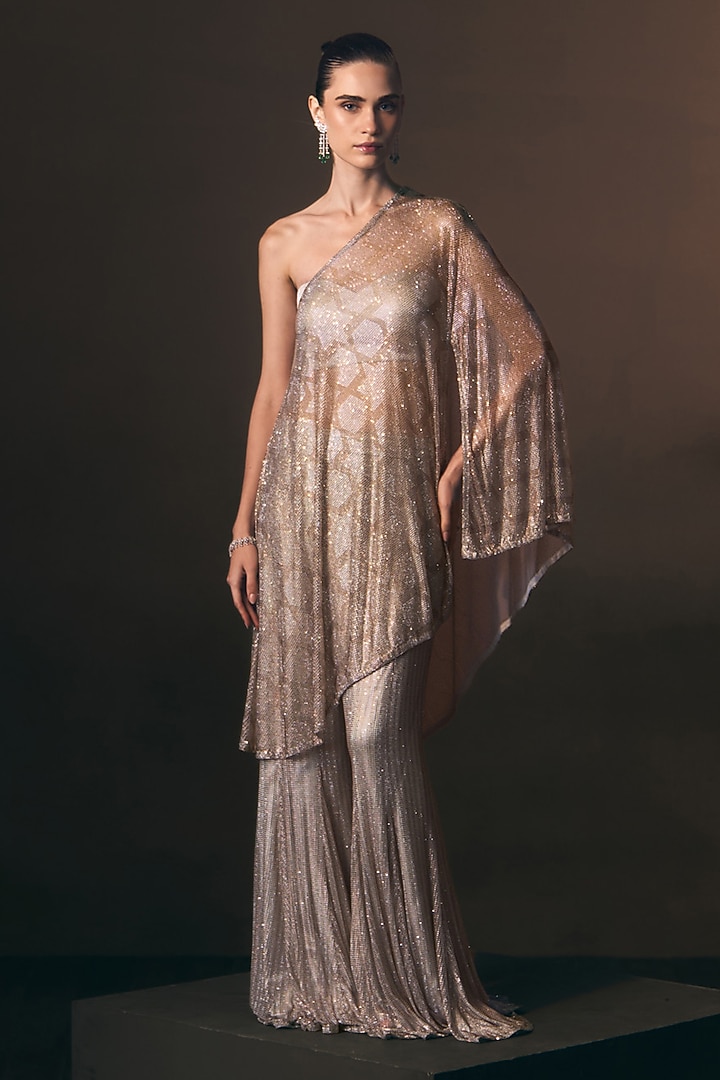 Grey Soft Net Crystal Embroidered One-Shoulder Cape Set by Angad Singh at Pernia's Pop Up Shop
