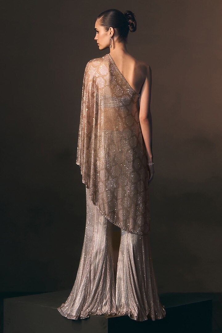 Grey Soft Net Crystal Embroidered One-Shoulder Cape Set by Angad Singh at Pernia's Pop Up Shop