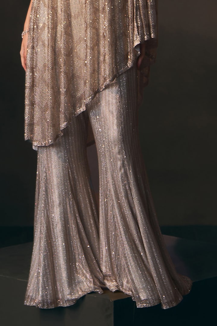 Grey Soft Net Crystal Embroidered One-Shoulder Cape Set by Angad Singh at Pernia's Pop Up Shop