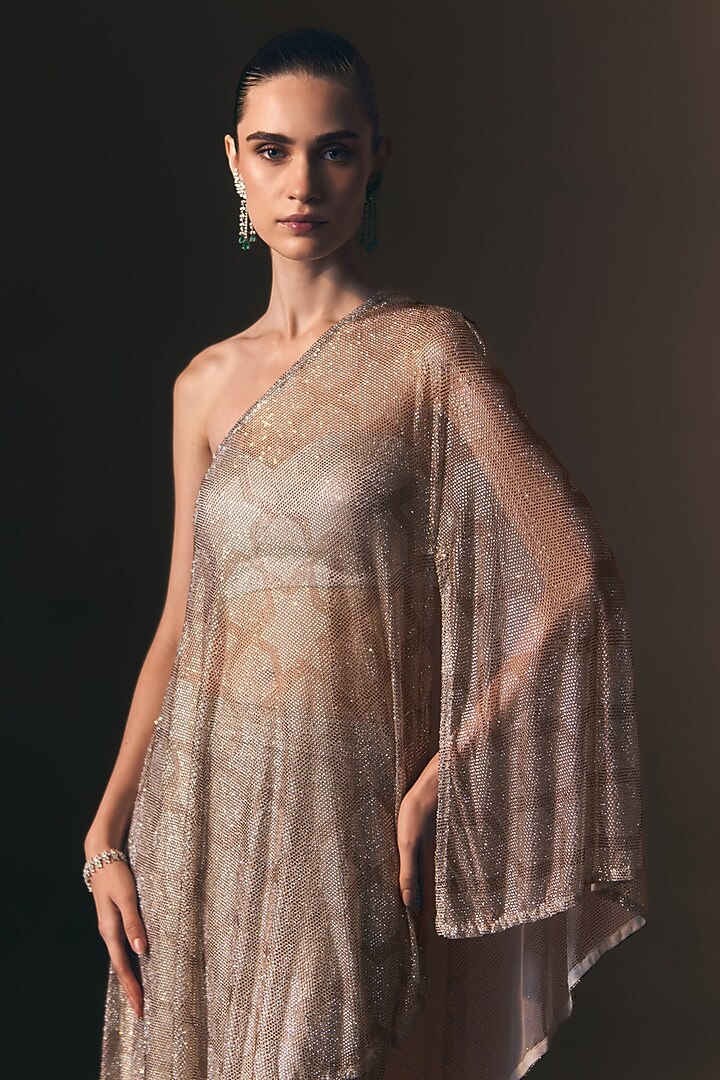 Grey Soft Net Crystal Embroidered One-Shoulder Cape Set by Angad Singh at Pernia's Pop Up Shop