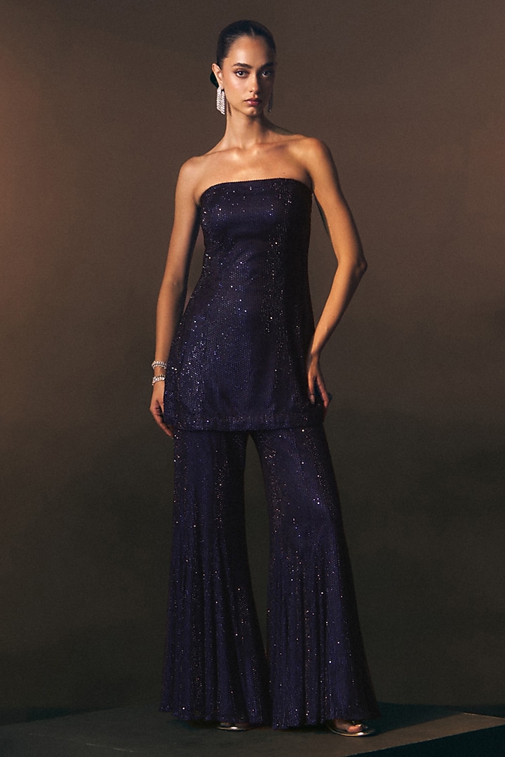 Midnight Blue Soft Net Wedding Sharara Set by Angad Singh at Pernia's Pop Up Shop