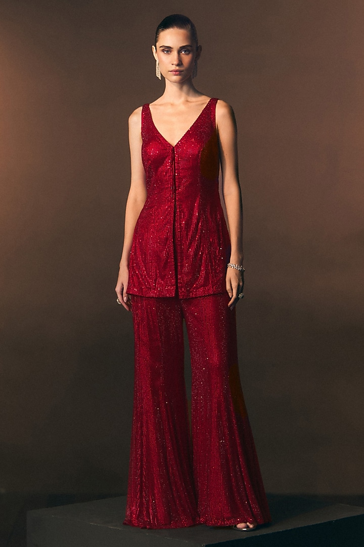 Red Soft Net Wedding Sharara Set by Angad Singh at Pernia's Pop Up Shop