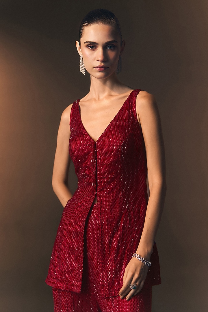 Red Soft Net Wedding Sharara Set by Angad Singh at Pernia's Pop Up Shop