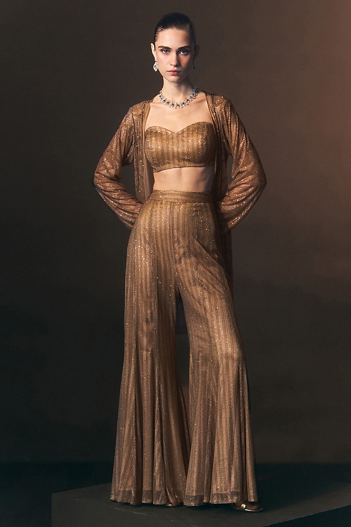 Antique Gold Soft Net Crystal Embroidered Jacket Set by Angad Singh at Pernia's Pop Up Shop