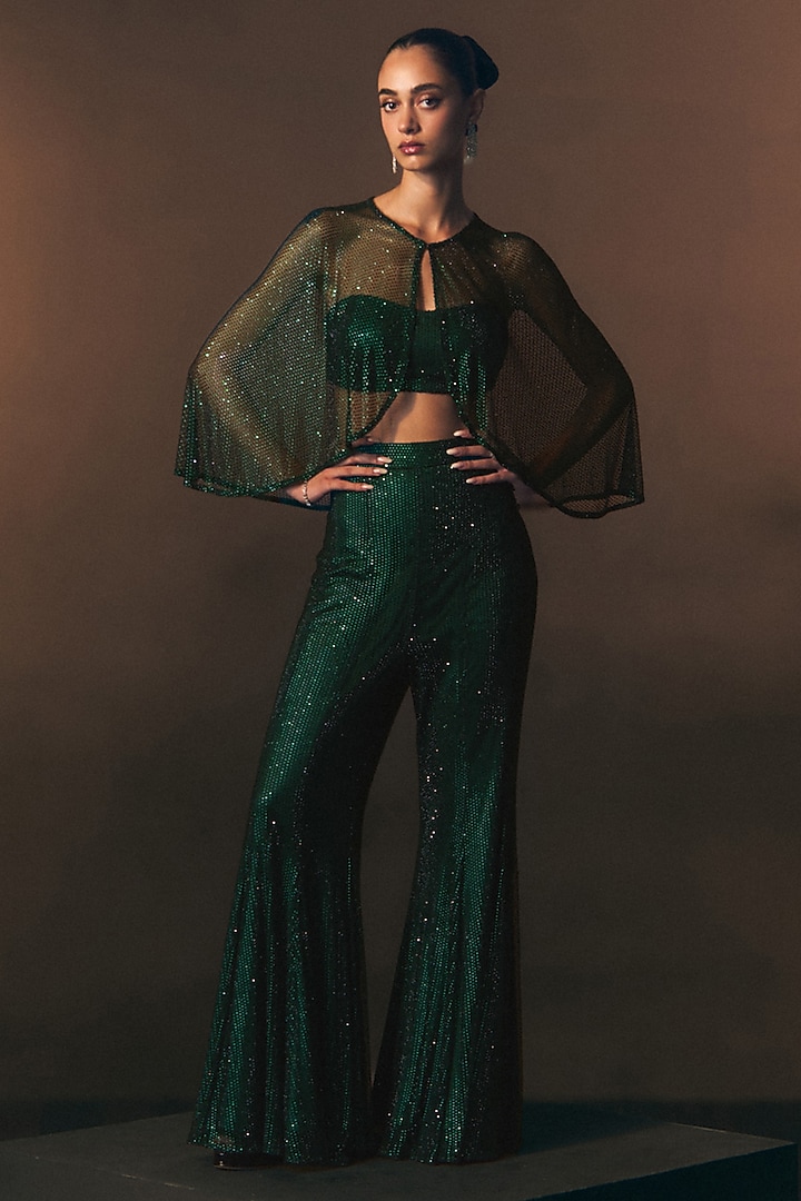 Bottle Green Soft Net Embroidered Wedding Sharara Set by Angad Singh at Pernia's Pop Up Shop