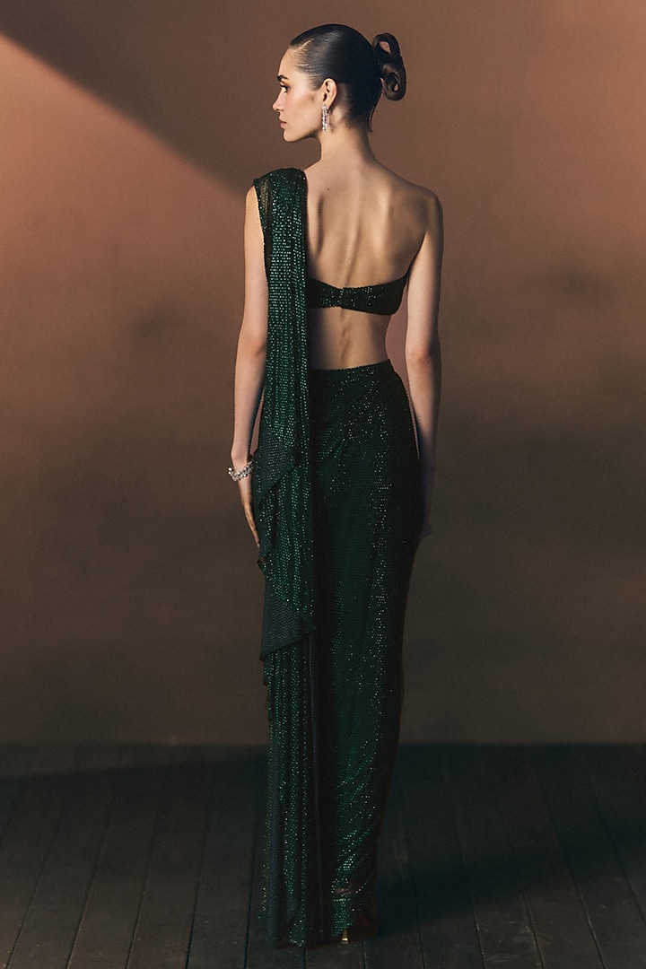 Bottle Green Soft Net Crystal Embroidered Reception Saree Set by Angad Singh at Pernia's Pop Up Shop