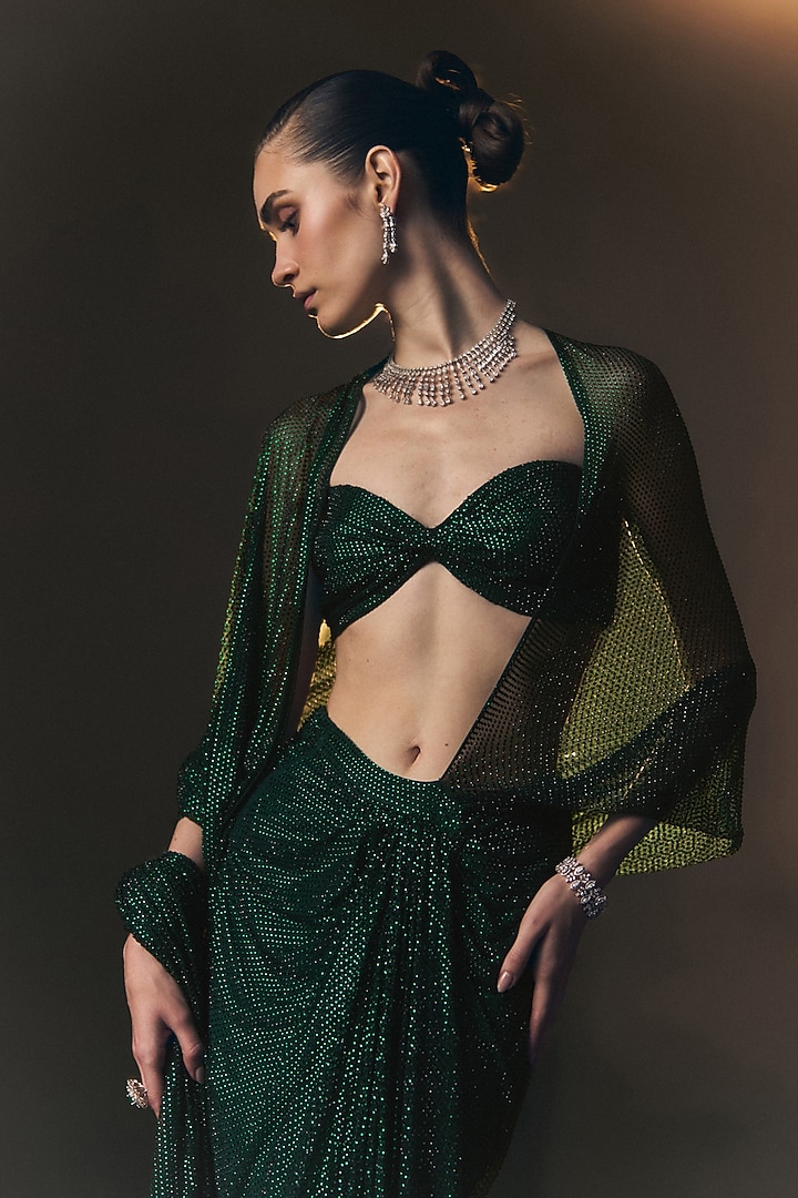 Bottle Green Soft Net Crystal Embroidered Reception Saree Set by Angad Singh at Pernia's Pop Up Shop