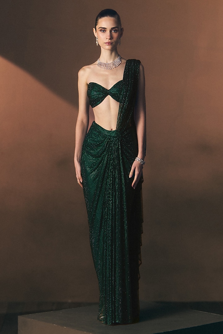 Bottle Green Soft Net Crystal Embroidered Reception Saree Set by Angad Singh at Pernia's Pop Up Shop