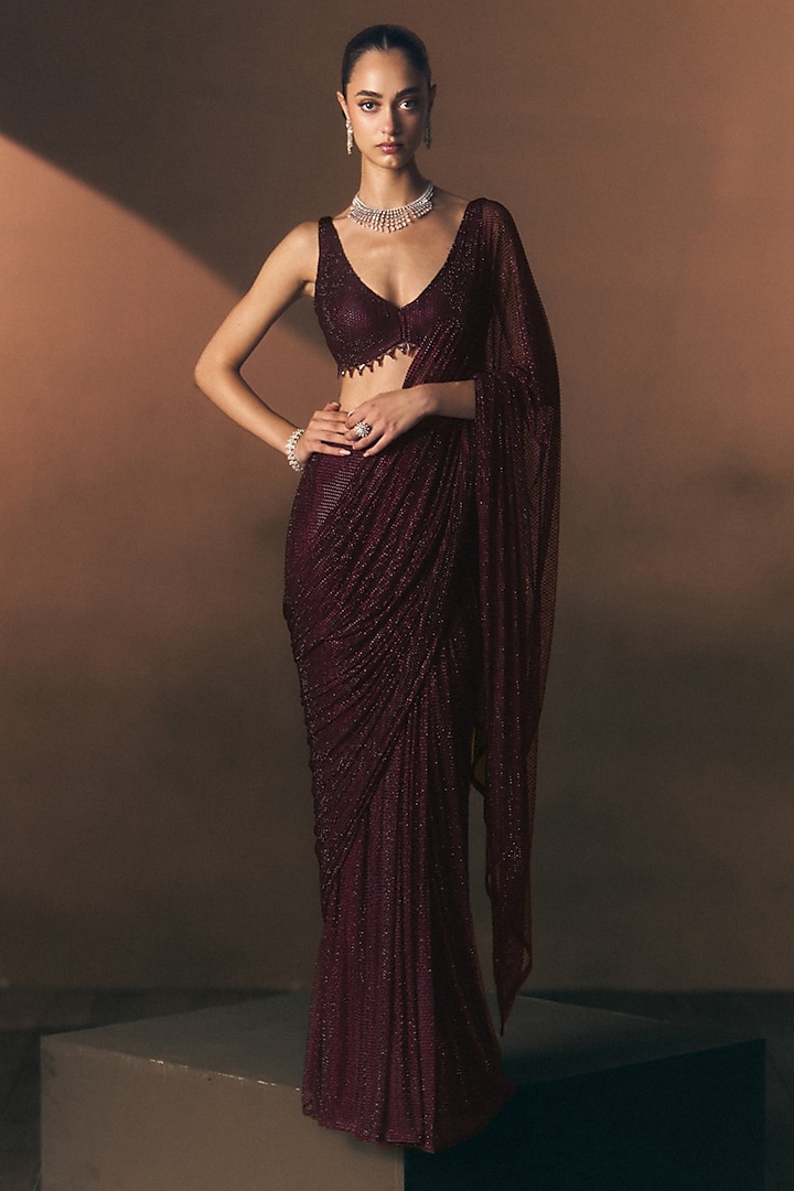 Crimson Soft Net Embroidered Reception Saree Set by Angad Singh at Pernia's Pop Up Shop