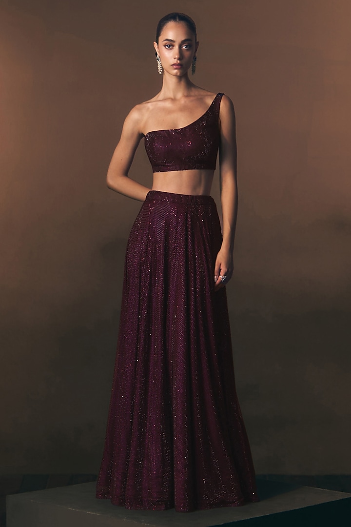 Crimson Soft Net Crystal Embroidered Wedding Lehenga Set by Angad Singh at Pernia's Pop Up Shop