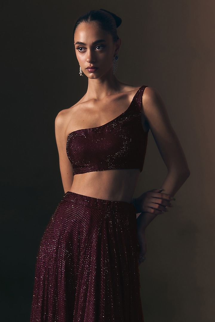 Crimson Soft Net Crystal Embroidered Wedding Lehenga Set by Angad Singh at Pernia's Pop Up Shop