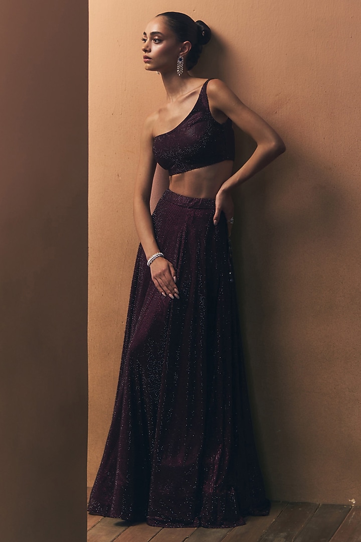 Crimson Soft Net Crystal Embroidered Wedding Lehenga Set by Angad Singh at Pernia's Pop Up Shop