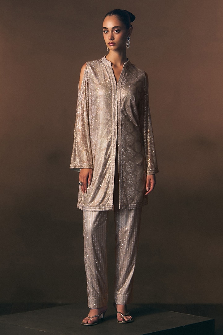 Grey Soft Net Beads Embroidered Co-Ord Set by Angad Singh at Pernia's Pop Up Shop