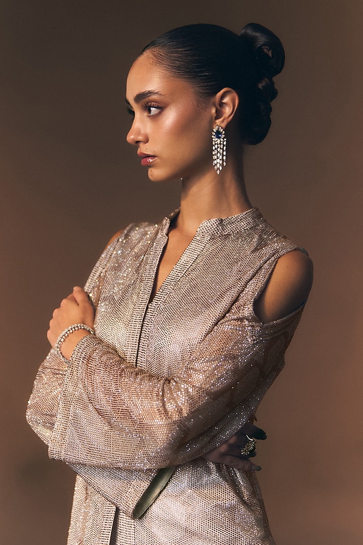 Grey Soft Net Beads Embroidered Co-Ord Set by Angad Singh at Pernia's Pop Up Shop