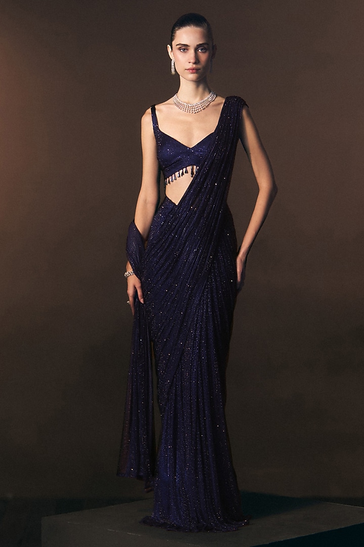 Navy Blue Soft Net Embroidered Reception Saree Set by Angad Singh at Pernia's Pop Up Shop