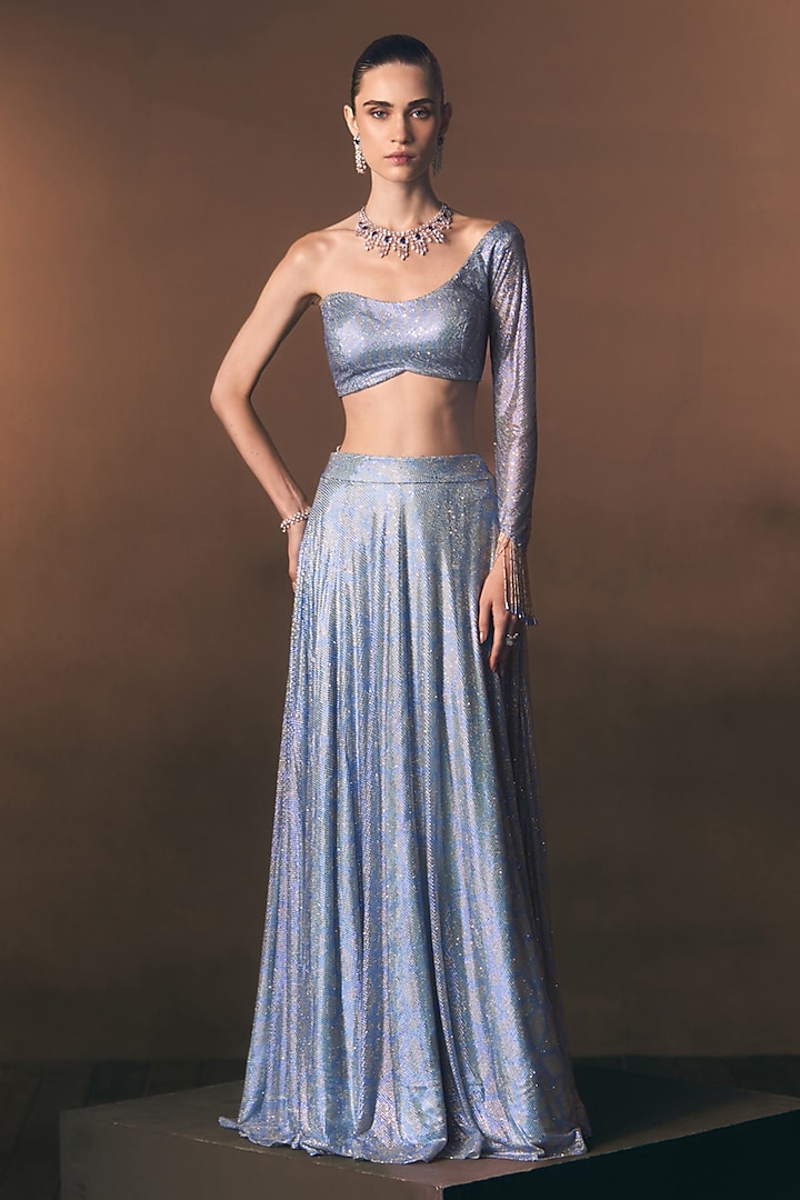 Sky Blue Soft Net Embroidered Wedding Lehenga Set by Angad Singh at Pernia's Pop Up Shop