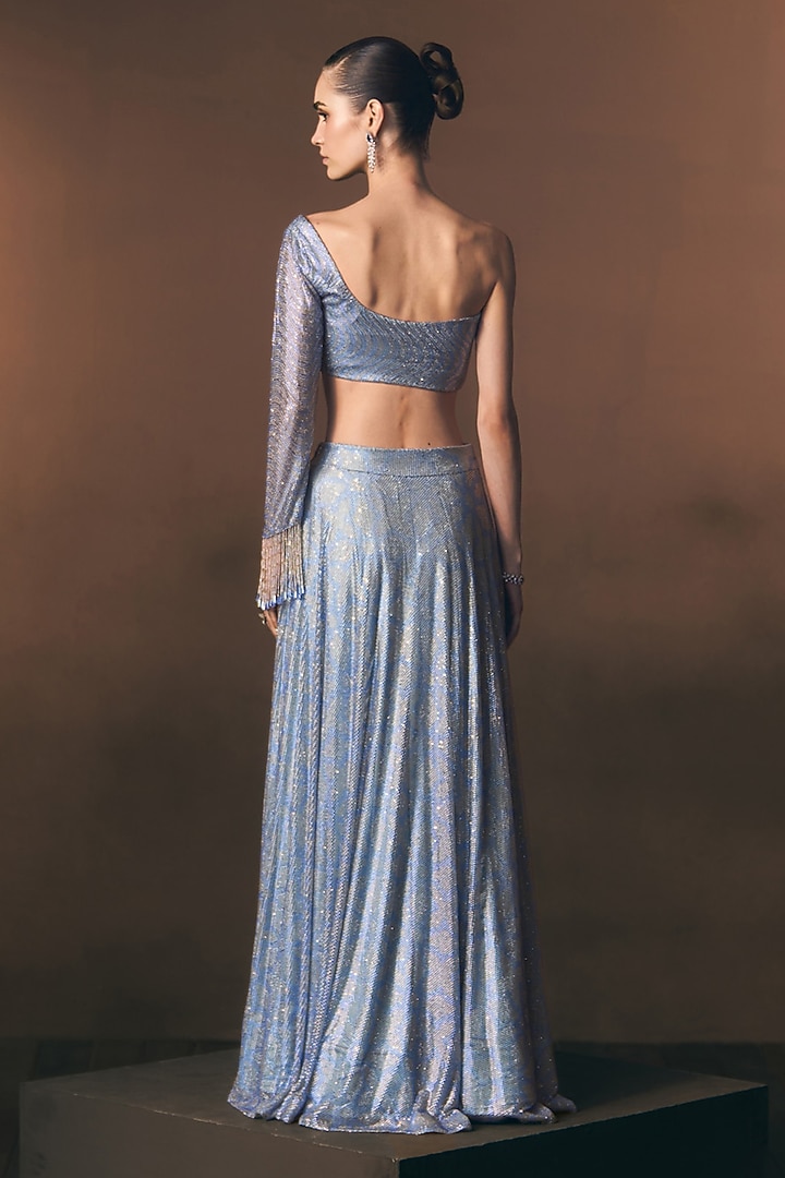 Sky Blue Soft Net Embroidered Wedding Lehenga Set by Angad Singh at Pernia's Pop Up Shop