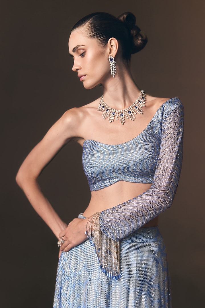 Sky Blue Soft Net Embroidered Wedding Lehenga Set by Angad Singh at Pernia's Pop Up Shop