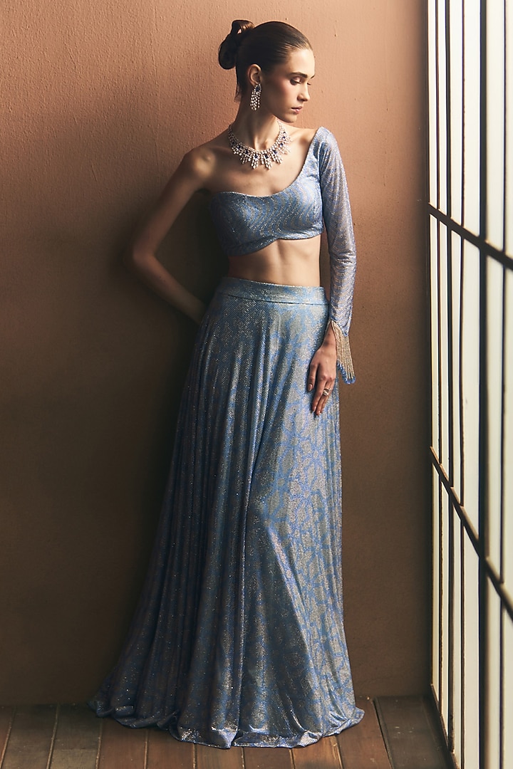 Sky Blue Soft Net Embroidered Wedding Lehenga Set by Angad Singh at Pernia's Pop Up Shop