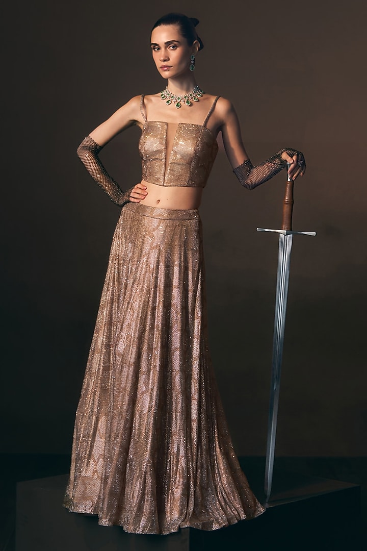 Antique Gold Soft Net Crystal Embroidered Skirt Set by Angad Singh at Pernia's Pop Up Shop