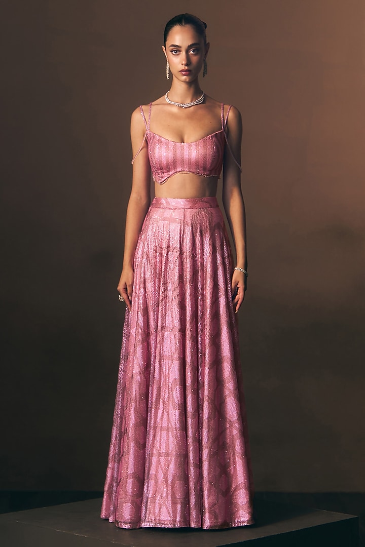 Carrot Pink Soft Net Crystal Embroidered Skirt Set by Angad Singh at Pernia's Pop Up Shop