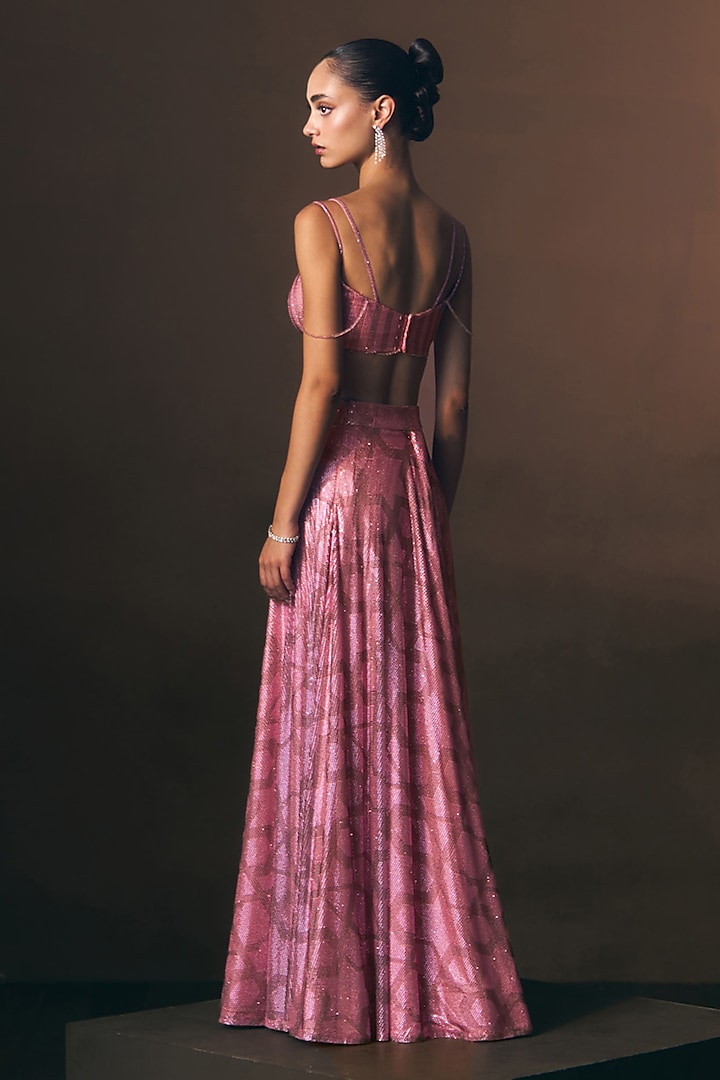 Carrot Pink Soft Net Crystal Embroidered Skirt Set by Angad Singh at Pernia's Pop Up Shop