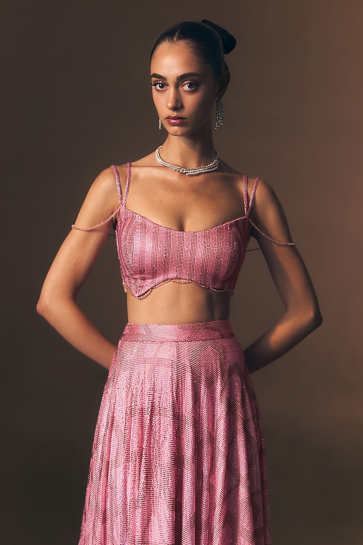 Carrot Pink Soft Net Crystal Embroidered Skirt Set by Angad Singh at Pernia's Pop Up Shop
