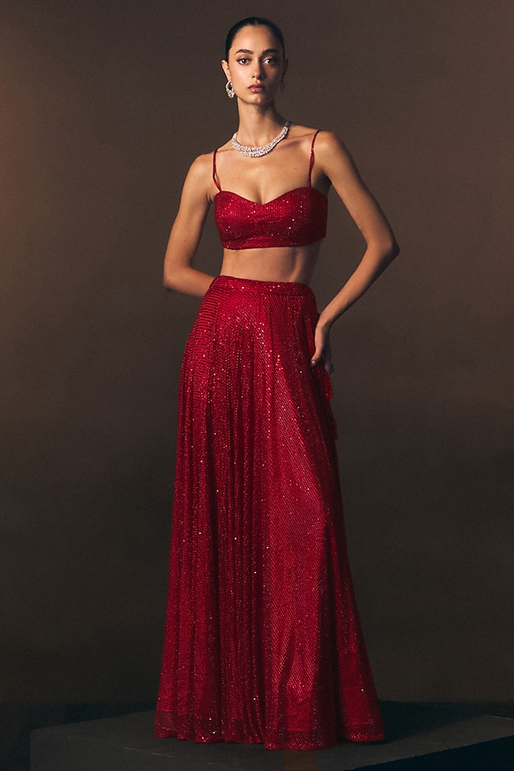Red Soft Net Skirt Set by Angad Singh at Pernia's Pop Up Shop