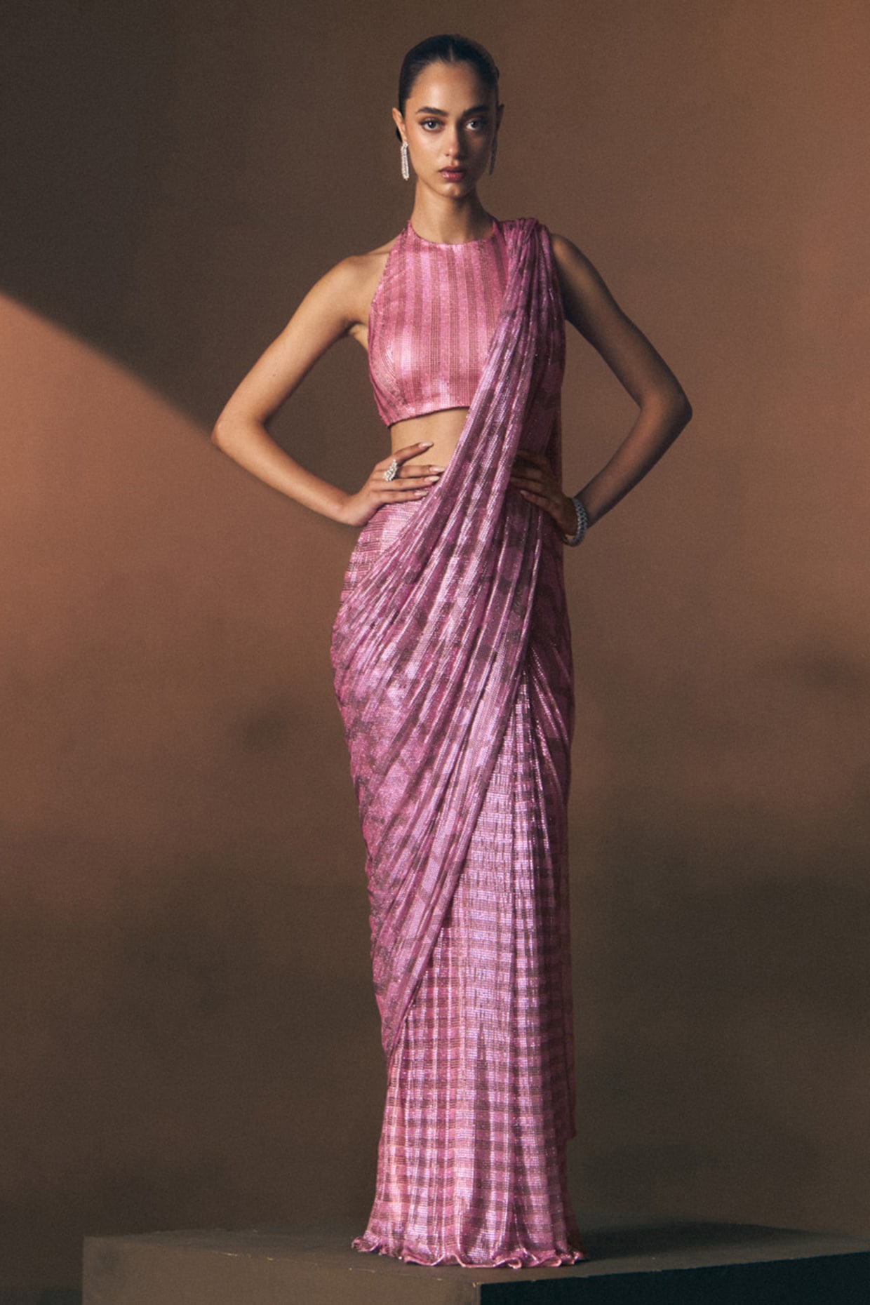Angad Singh Carrot Pink Soft Net Crystal Embroidered Draped Saree Set