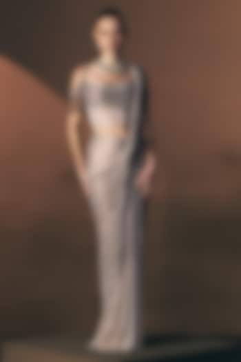 Mist Grey Soft Net Embroidered Draped Reception Saree Set by Angad Singh at Pernia's Pop Up Shop