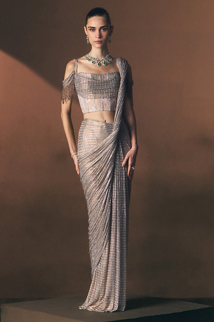 Mist Grey Soft Net Embroidered Draped Reception Saree Set by Angad Singh at Pernia's Pop Up Shop