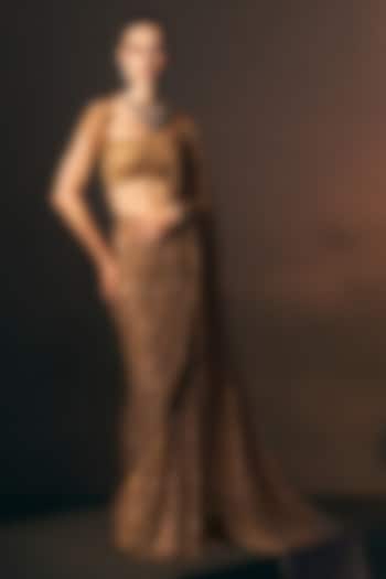 Antique Gold Soft Net Bead Embroidered Draped Reception Saree Set by Angad Singh at Pernia's Pop Up Shop