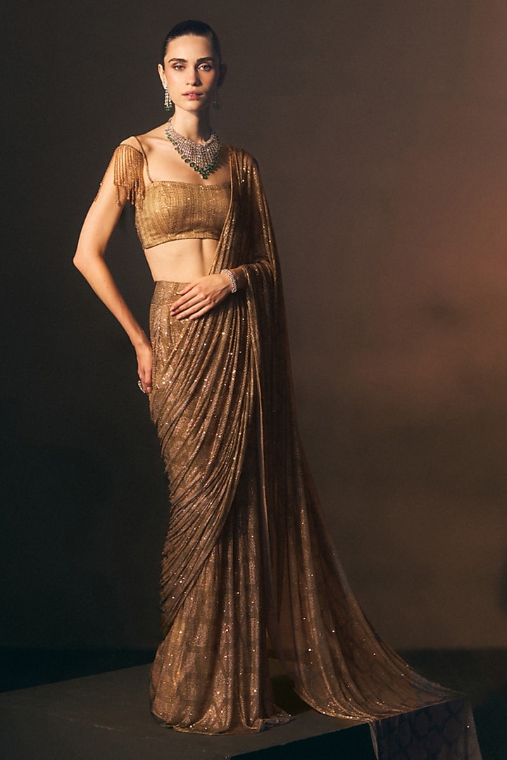 Antique Gold Soft Net Bead Embroidered Draped Reception Saree Set by Angad Singh at Pernia's Pop Up Shop