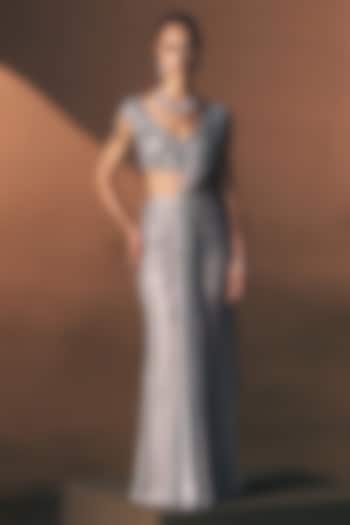 Pewter Grey Soft Net Embroidered Draped Reception Saree Set by Angad Singh at Pernia's Pop Up Shop