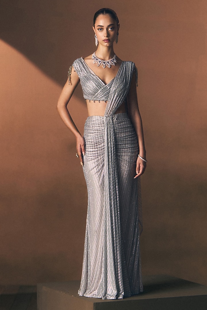 Pewter Grey Soft Net Embroidered Draped Reception Saree Set by Angad Singh at Pernia's Pop Up Shop
