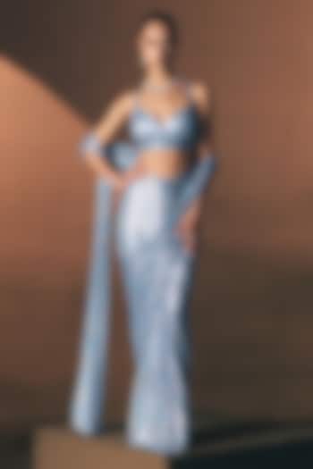 Turquoise Blue Soft Net Crystal Embroidered Draped Reception Saree Set by Angad Singh at Pernia's Pop Up Shop