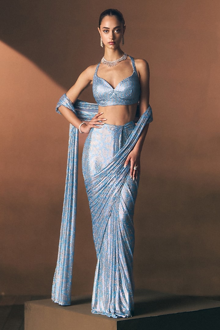 Turquoise Blue Soft Net Crystal Embroidered Draped Reception Saree Set by Angad Singh at Pernia's Pop Up Shop
