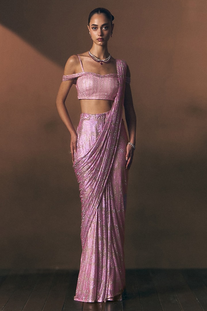 Gajri Pink Soft Net Embroidered Draped Reception Saree Set by Angad Singh at Pernia's Pop Up Shop