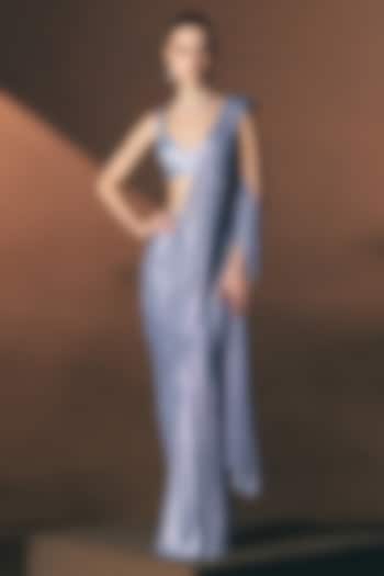 Ice Blue Soft Net Crystal Embellished Draped Reception Saree Set by Angad Singh at Pernia's Pop Up Shop