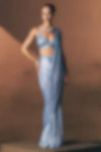 Cobalt Blue Soft Net Embroidered Draped Reception Saree Set by Angad Singh at Pernia's Pop Up Shop