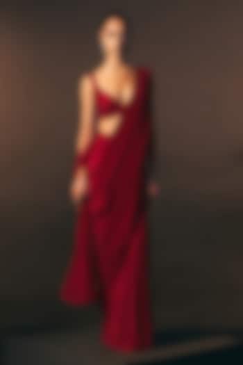 Rouge Red Crepe Embroidered Wedding Saree Set by Angad Singh at Pernia's Pop Up Shop