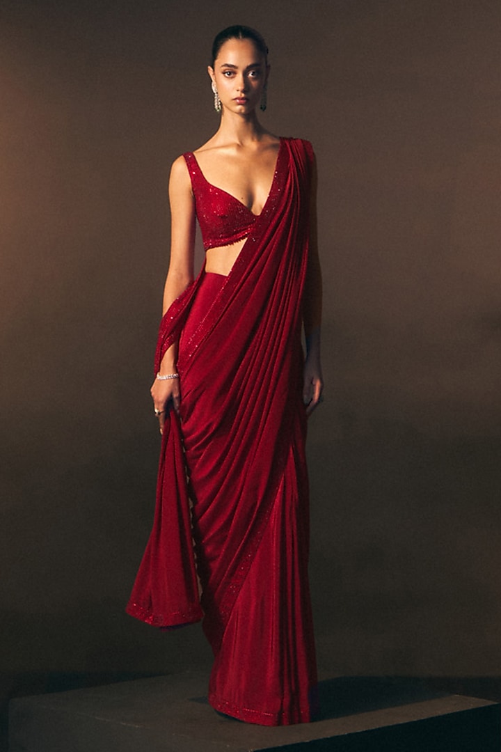 Rouge Red Crepe Embroidered Wedding Saree Set by Angad Singh at Pernia's Pop Up Shop