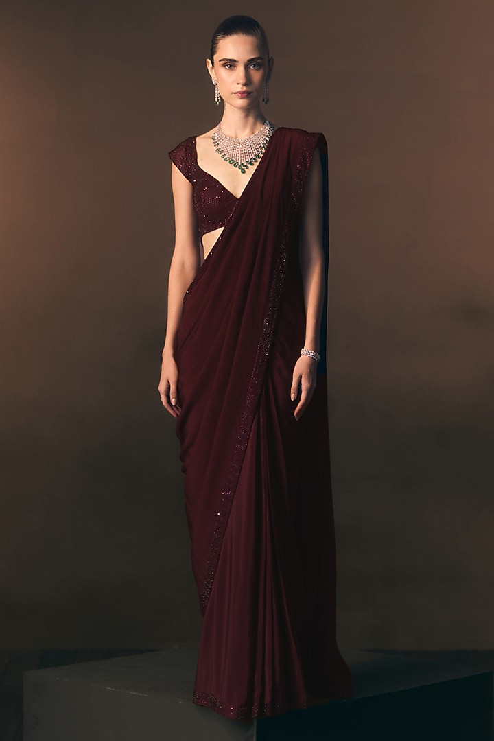 Crimson Red Crepe Embroidered Wedding Saree Set by Angad Singh at Pernia's Pop Up Shop