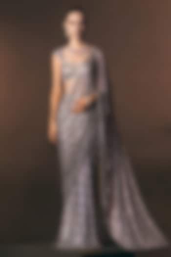 Silver Grey Soft Net Crystal Embroidered Draped Reception Saree Set by Angad Singh at Pernia's Pop Up Shop